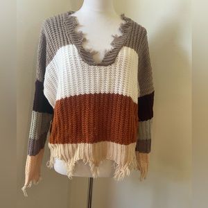 Miracle Striped V Neck Distressed Sweater Size S